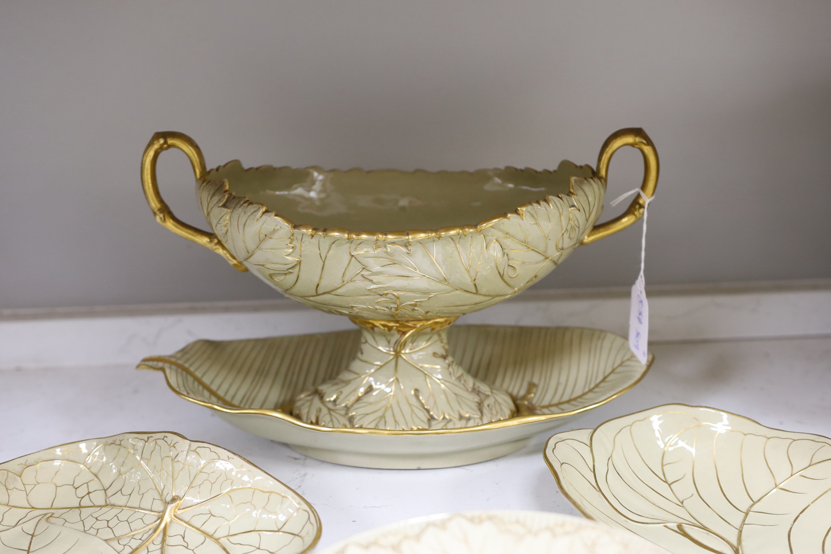 A Wedgwood Drabware part dessert service, 1800-1850, the two handled comport 33 cm across